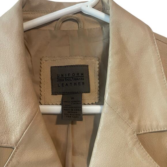 Y2K Preppy Leather Jacket Uniform Tan Beige Leather Lined Blazer Size 16 - Picture 4 of 7